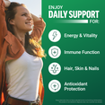Woman outdoors with icons showing supplement provides daily support for energy and vitality, immune function, hair, skin and nails, and antioxidant protection