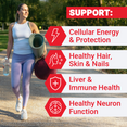 Woman walking outdoors with four Glutathione supplement benefits: cellular energy, hair/skin/nails, liver, and neuron health