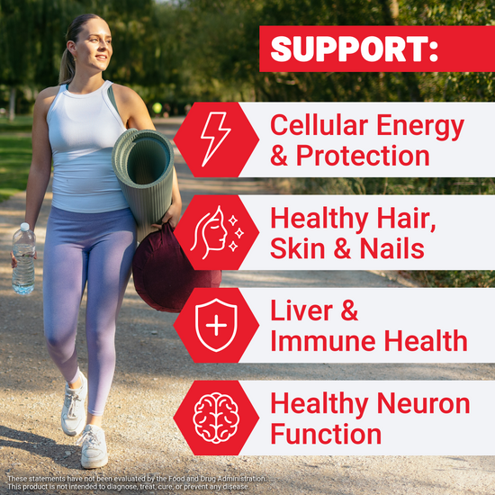 Woman walking outdoors with four Glutathione supplement benefits: cellular energy, hair/skin/nails, liver, and neuron health