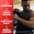 Man lifting dumbbell with text promoting testosterone, strength, stamina, vitality, and confidence.