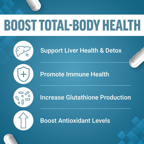 Boost total-body health with NAC, supporting liver health, immune function, glutathione production, and antioxidant levels.