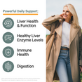 Woman outdoors smiling with icons showing supplement supports liver health, enzyme levels, immune health, and digestion