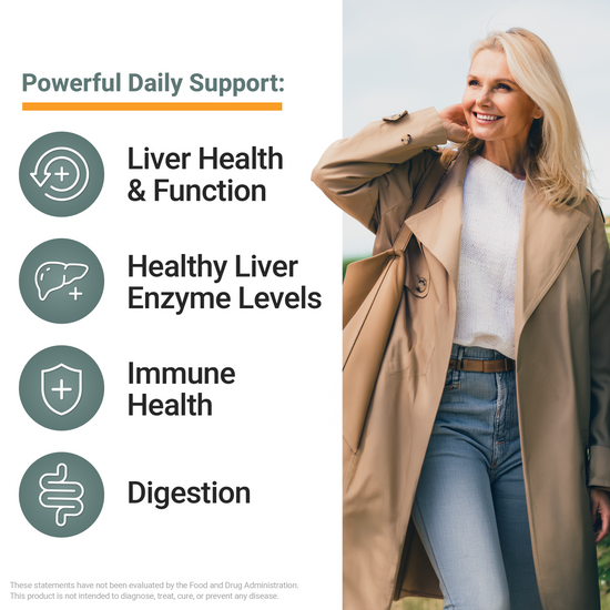 Woman outdoors smiling with icons showing supplement supports liver health, enzyme levels, immune health, and digestion