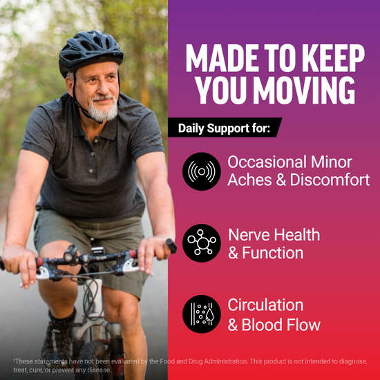 Older man biking, supports minor aches, nerve health, and circulation with Daily Relief Nerve supplement.