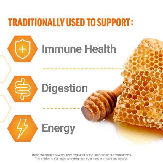 Honey and honeycomb used to support immune health, digestion, and energy.