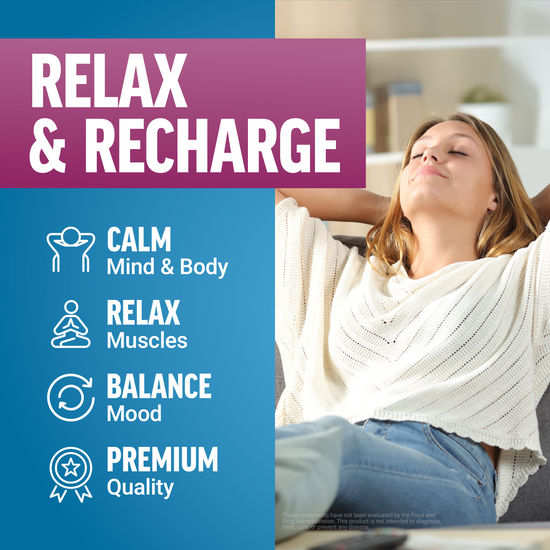 Woman relaxing on couch with text promoting calm mind, relaxed muscles, balanced mood, and premium quality benefits.
