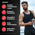Athletic man with shaker beside list of benefits: testosterone, energy, strength, performance, male vitality.
