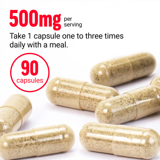 500mg capsules, recommended dosage: 1 capsule 1-3 times daily with a meal, 90 capsules per bottle.