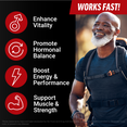 Active older man hiking beside benefits list for vitality, hormonal balance, energy, and strength.