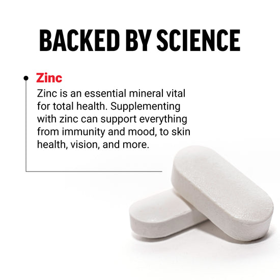 Close-up of Zinc tablets with description of Zinc’s role in immunity, mood, skin, and overall health.
