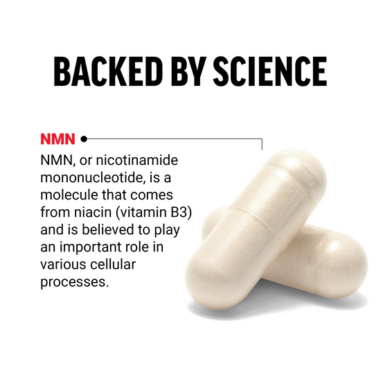 Two cream-colored capsules with text highlighting NMN's scientific backing and health benefits.