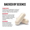 Supplement capsules with text highlighting Cordyceps, BioPerine, and Selenium benefits for health and wellness.