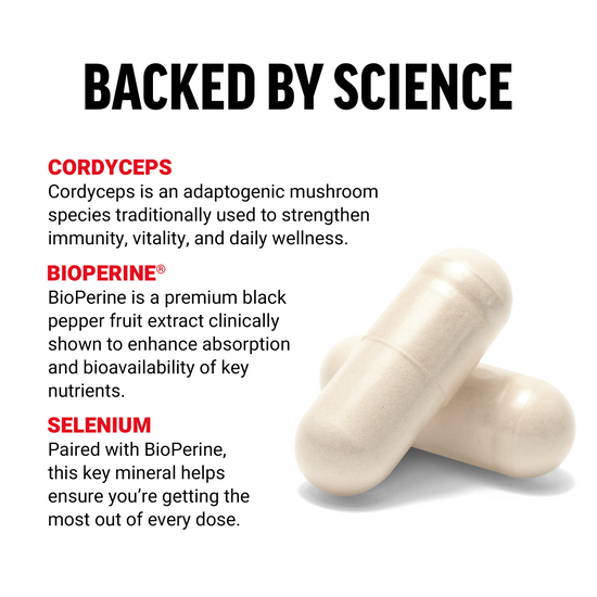 Supplement capsules with text highlighting Cordyceps, BioPerine, and Selenium benefits for health and wellness.