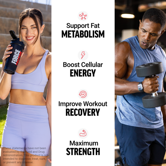 Woman holding Force Factor shaker bottle, man lifting dumbbell, and text highlighting benefits like energy, recovery, and fat metabolism.