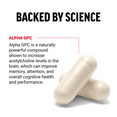Two Alpha GPC veggie capsules close-up on white background with text explaining Alpha GPC supports memory, attention, and cognitive performance