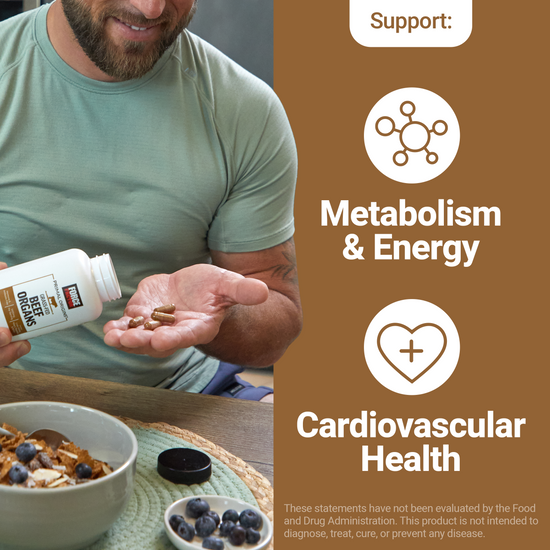 Man taking Beef Organs supplement next to icons for metabolism, energy, and cardiovascular health.