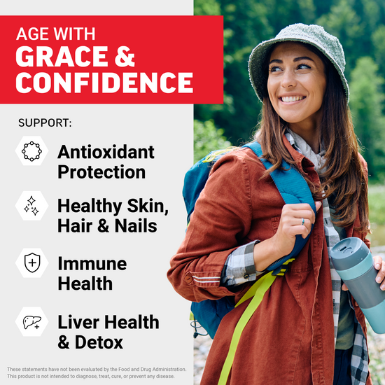 Woman hiking outdoors with four Glutathione soft chew benefits: antioxidant protection, skin/hair/nails, immune health, liver detox
