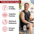 Man sitting outside holding Shilajit supplement, benefits listed: energy, cognition, stamina, and immunity