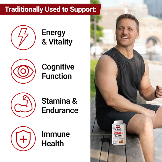 Man sitting outside holding Shilajit supplement, benefits listed: energy, cognition, stamina, and immunity