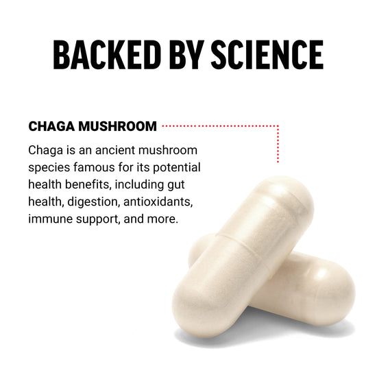 White capsules with the label "Chaga Mushroom," highlighting its health benefits backed by science.