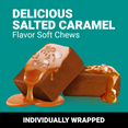 Salted caramel flavored soft chews with sea salt topping, individually wrapped for convenience.