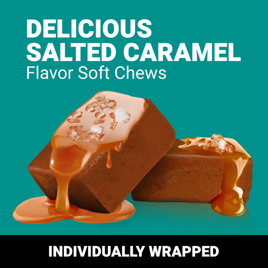 Salted caramel flavored soft chews with sea salt topping, individually wrapped for convenience.