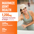 Woman stretching outdoors with text showing 1,200mg turmeric curcumin and ginger per serving for joint health