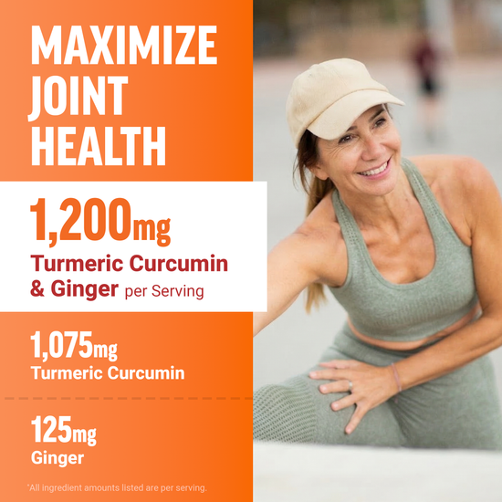 Woman stretching outdoors with text showing 1,200mg turmeric curcumin and ginger per serving for joint health