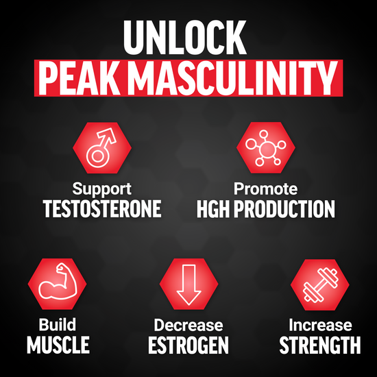 Unlock peak masculinity with testosterone and HGH support, muscle building, estrogen reduction, and strength increase.