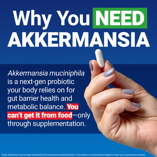 Hand holding a capsule explaining Akkermansia muciniphila is a next-gen probiotic for gut barrier health only available through supplementation
