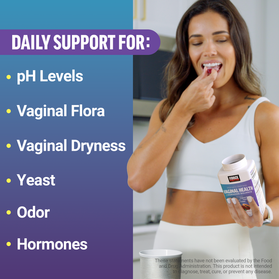Woman taking Force Factor soft chew for vaginal health and hormone balance support