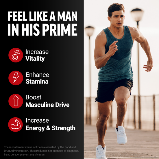Athletic man running outdoors beside product claims like "increase vitality" and "enhance stamina."