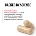 Capsules with text Backed by Science explaining cranberry concentrate as a potent extract with antioxidants for urinary tract health