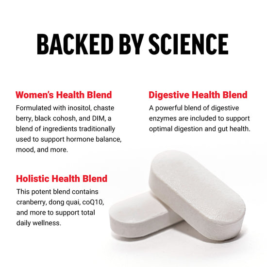 Wellness supplement blends labeled "Women's Health Blend," "Digestive Health Blend," and "Holistic Health Blend."