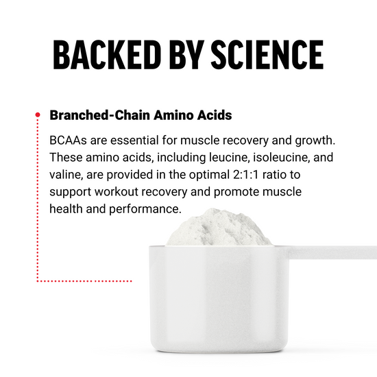 BCAA supplement in a scoop, highlighting their role in muscle recovery and growth. Text emphasizes scientific backing.