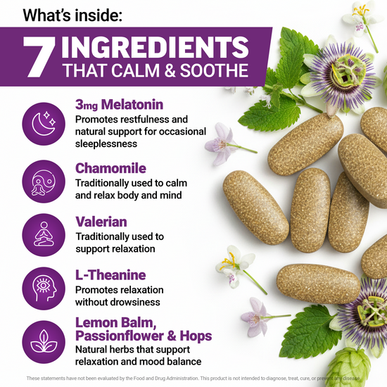 Seven calming ingredients graphic listing melatonin, chamomile, valerian, L-theanine, lemon balm, passionflower, hops.