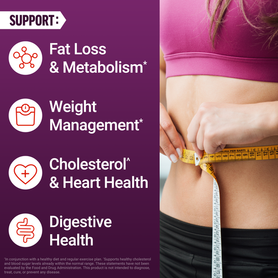 Woman measuring waist with tape measure showing supplement supports fat loss, weight management, heart health, and digestion