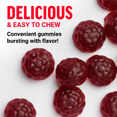 Dark red berry-shaped gummies with text delicious and easy to chew convenient gummies bursting with flavor