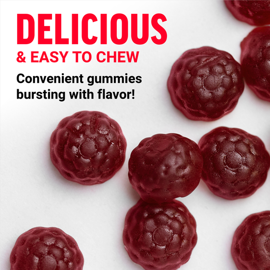 Dark red berry-shaped gummies with text delicious and easy to chew convenient gummies bursting with flavor