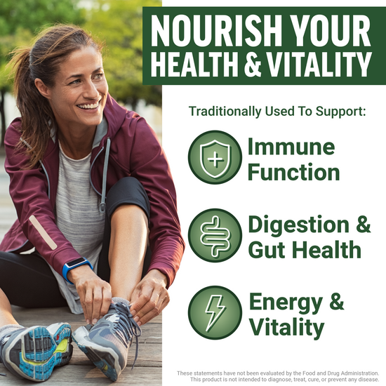 Woman tying running shoes with icons showing oil of oregano supplement supports immune function, digestion, and energy