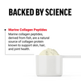 Scoop of collagen powder with text Backed by Science explaining marine collagen peptides for skin, hair, and joint health