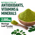 Moringa leaf powder in wooden bowl highlighting 2,000mg moringa leaf powder per serving naturally full of antioxidants, vitamins, and minerals