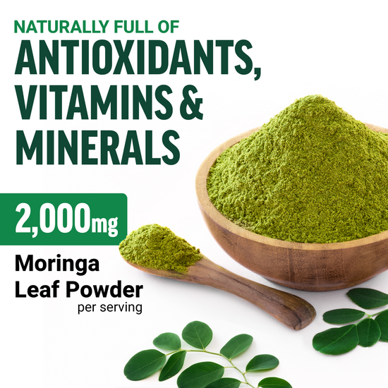 Moringa leaf powder in wooden bowl highlighting 2,000mg moringa leaf powder per serving naturally full of antioxidants, vitamins, and minerals