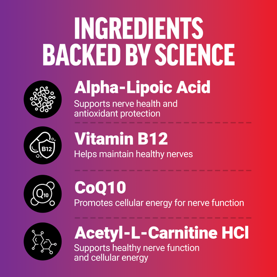 Key ingredients support nerve health: alpha-lipoic acid, B12, CoQ10, and acetyl-L-carnitine HCl.