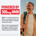 Man hiking beside text highlighting 300mg NMN for cellular energy, repair, and healthy aging support.