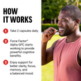 Smiling man outdoors taking an Alpha GPC capsule with three-step text explaining daily use for clarity, focus, memory, and balanced mood