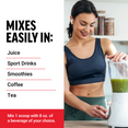 Woman with blender showing magnesium glycinate powder mixes easily in juice, sport drinks, smoothies, coffee, and tea