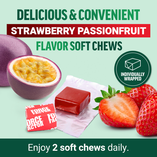 Force Factor Modern Moringa strawberry passionfruit flavor soft chews individually wrapped, enjoy 2 soft chews daily