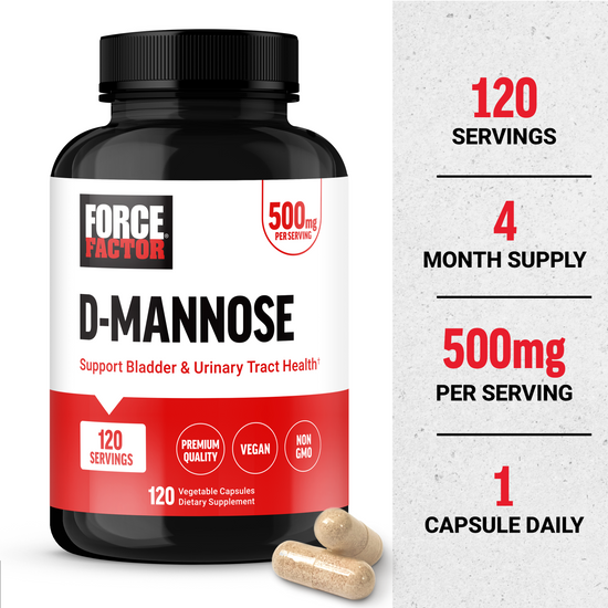 Force Factor D-Mannose bottle with text showing 120 servings, 4-month supply, 500mg per serving, and 1 capsule daily