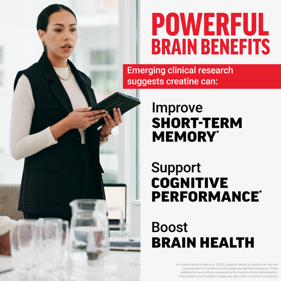 Professional woman presenting in office beside text highlighting creatine’s short-term memory and brain benefits.